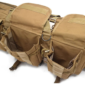 Close-up of the front pouches open, showing small inner pockets and a D-ring