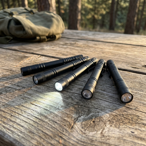 Five PenBeam black pen lights fanned out on a wooden camp table, one switched on