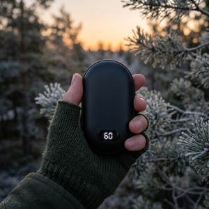 Black rechargeable hand warmer showing 60 in a gloved hand among frosty pine branches at sunset