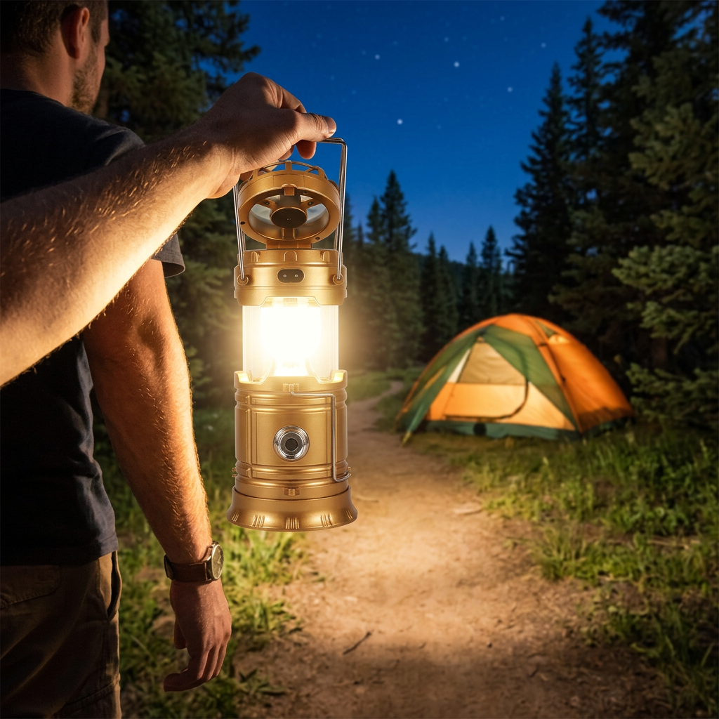 Man carrying the glowing gold EverGlow lantern by its handle, fan flipped up, on a dirt path to his tent at night