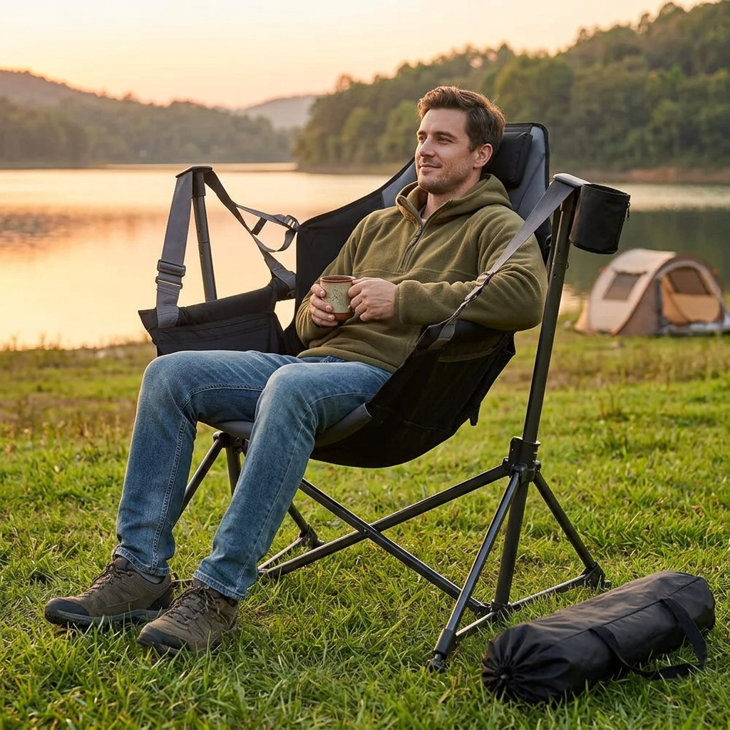 Man relaxing in the black and gray TrailLounge padded hammock chair at a lakeside campsite at sunset, carry bag on the grass