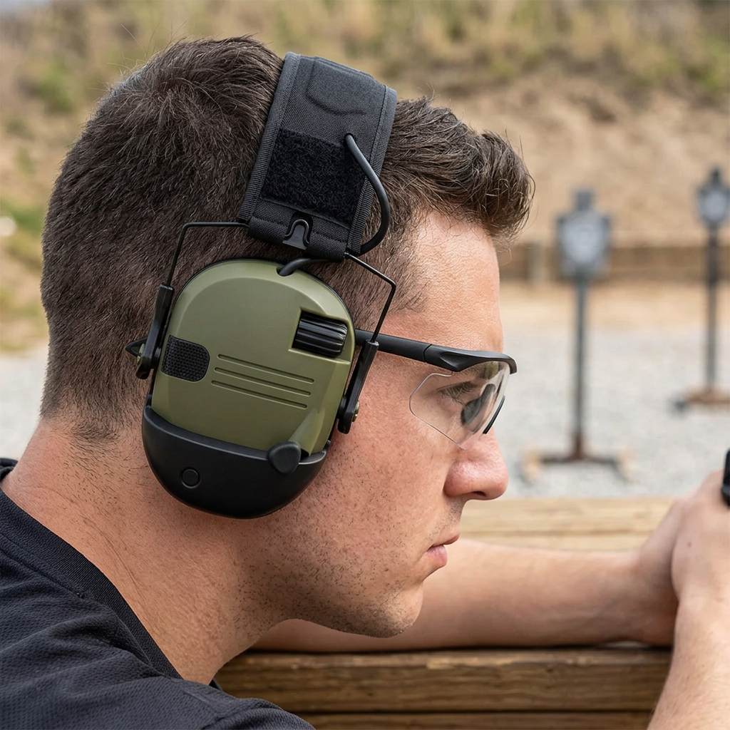 Shooter wearing green electronic earmuffs and clear safety glasses at an outdoor range