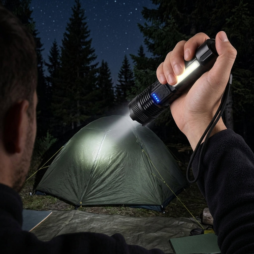 Black zoom flashlight with glowing side light aimed at a tent at a night campsite