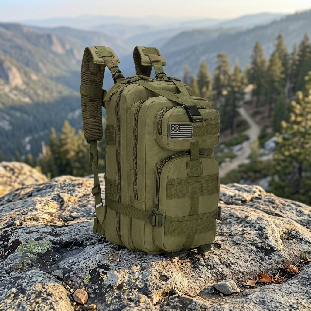 Olive green MOLLE tactical backpack with flag patch standing on a granite rock at a mountain overlook