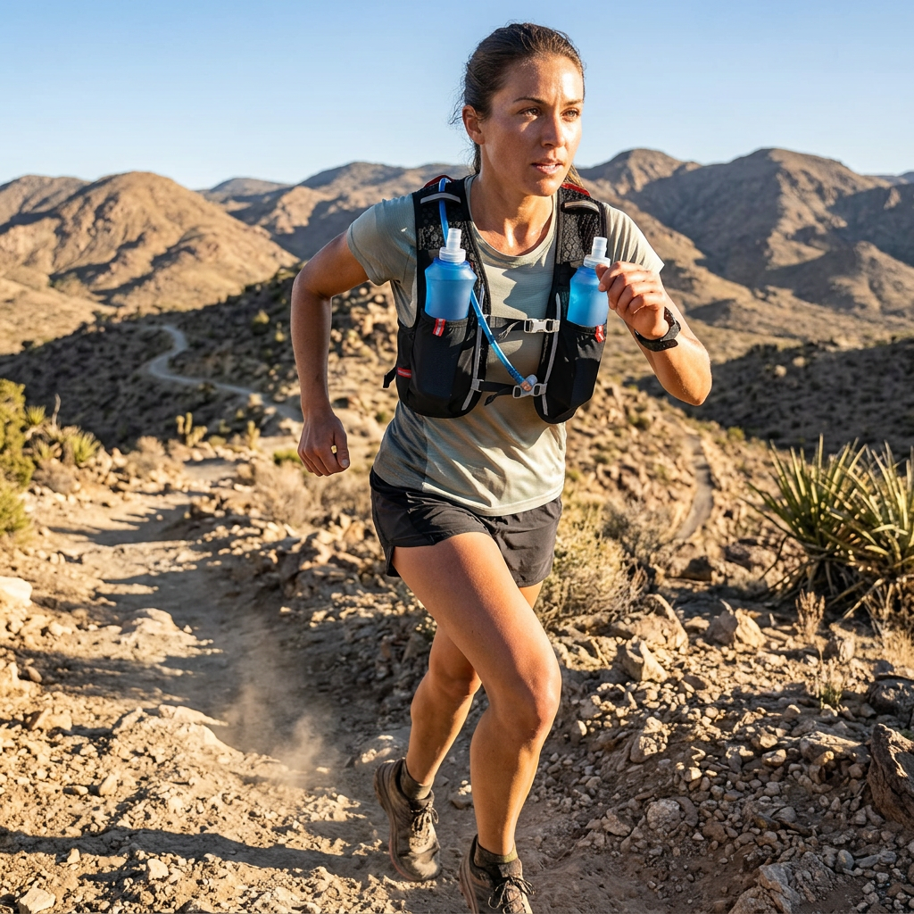 Trail runner in the black PureFlow hydration vest with two blue soft flasks running up a desert mountain trail