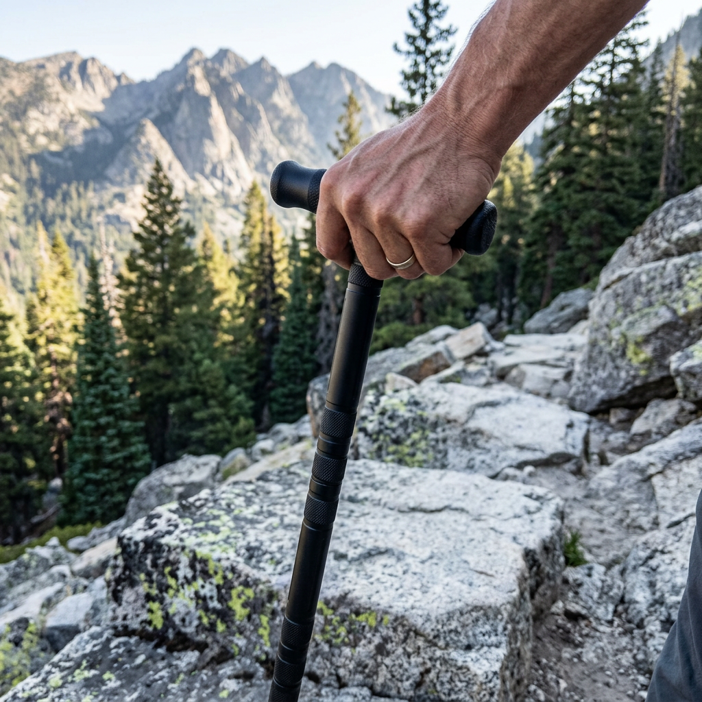 Hand on the T-handle of a black survival trekking staff on a rocky mountain trail