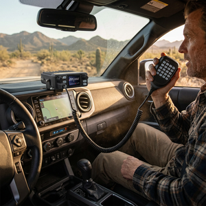 Driver talking on the ClarityComm mini mobile radio mounted in an off-road truck on a desert trail