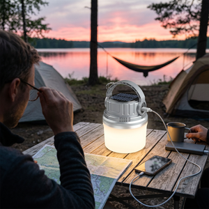 Light Silver Adventure Light solar lantern glowing on a lakeside camp table while charging a phone