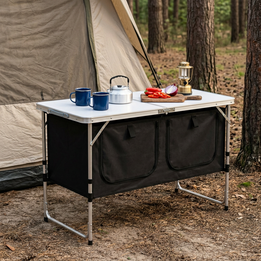 EasyStore folding table with black storage cabinet set up beside a canvas tent at a pine forest campsite, mugs, kettle, lantern and cutting board on top