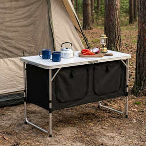 EasyStore folding table with black storage cabinet set up beside a canvas tent at a pine forest campsite, mugs, kettle, lantern and cutting board on top