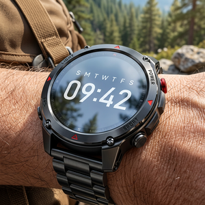 SummitNav GPS smartwatch with a black steel link bracelet on a wrist near a mountain trail
