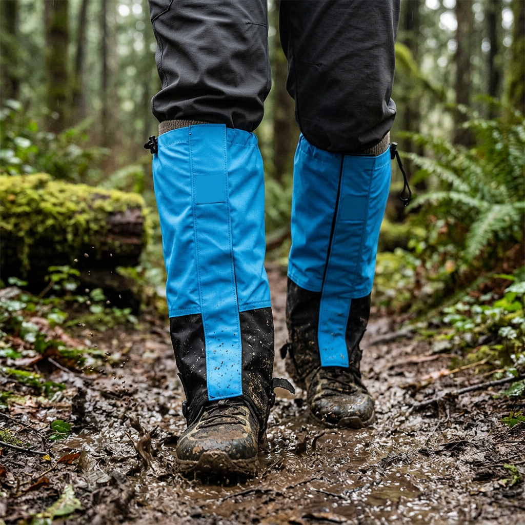 Blue and black WeatherTrek Lite gaiters over trail shoes on a muddy forest trail after rain