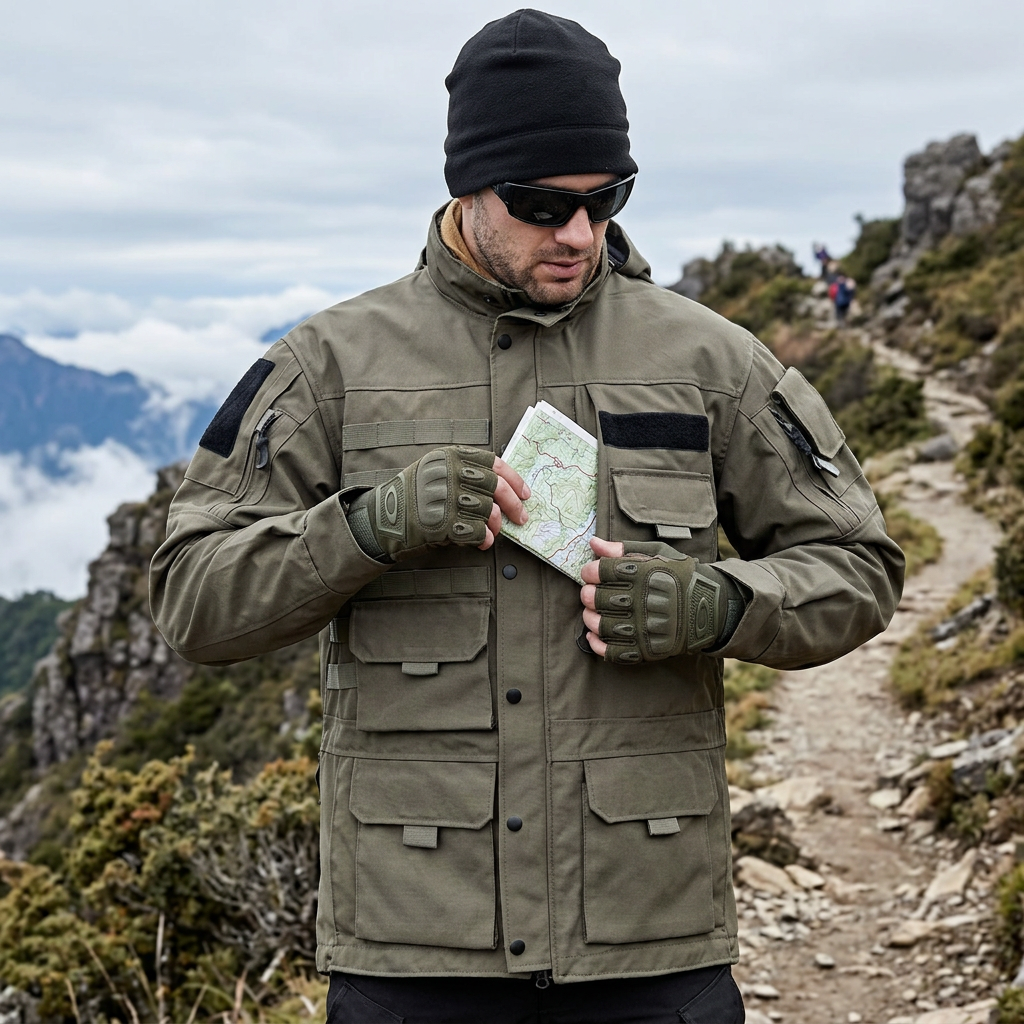 Man on a mountain trail in an army green hooded tactical jacket, tucking a map into a chest pocket