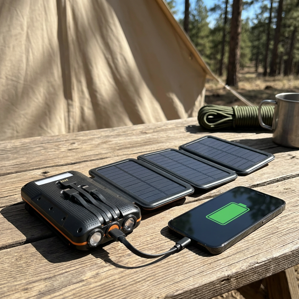 Black and orange solar power bank with fold-out panels charging a phone on a camp table