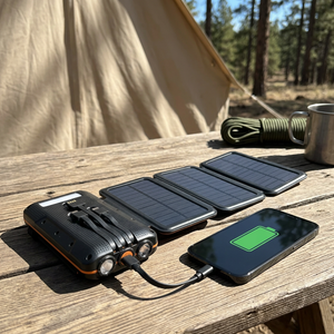 Black and orange solar power bank with fold-out panels charging a phone on a camp table