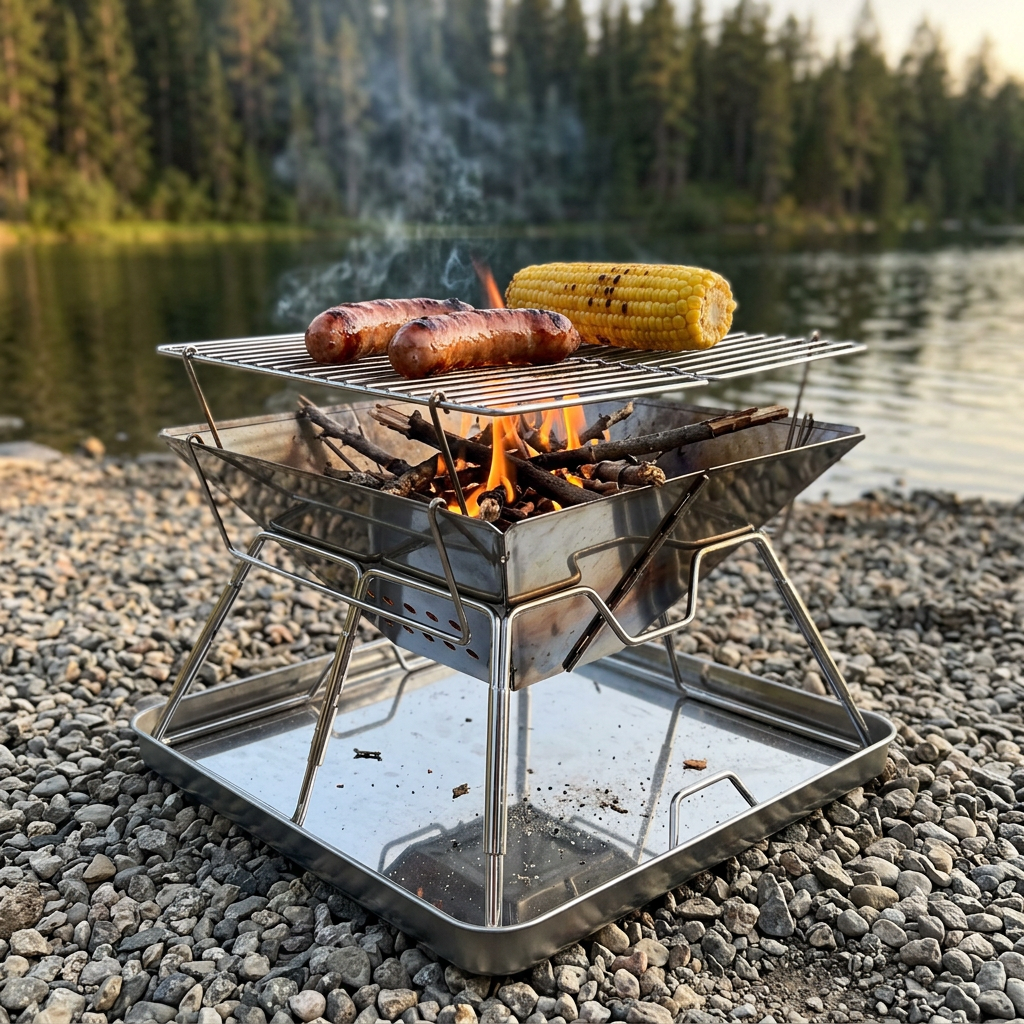 Folding stainless steel campfire grill with sausages and corn cooking over a small fire by a lake