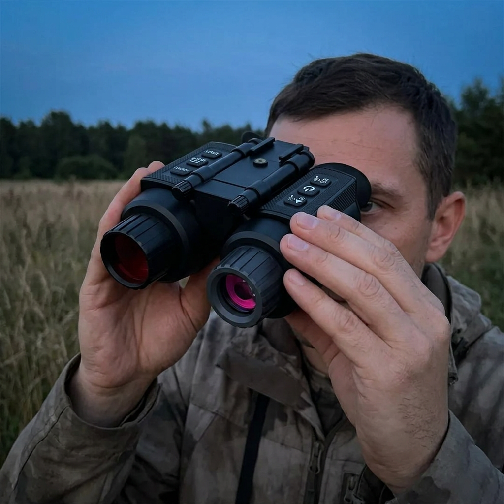 Man holding black digital night vision binoculars to his eyes at the edge of a field at dusk
