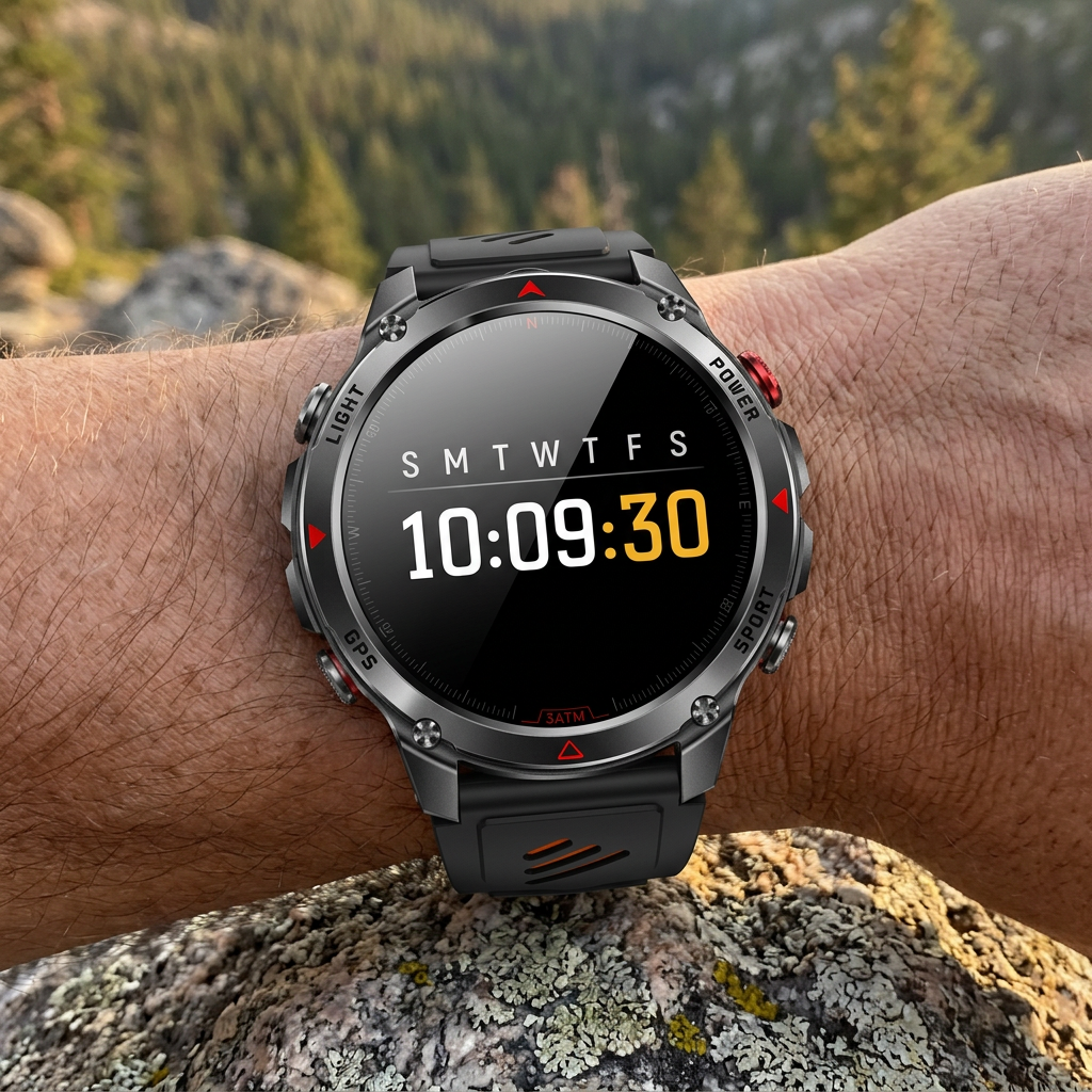 SummitNav GPS smartwatch with a black and orange silicone band on a wrist at a trail overlook