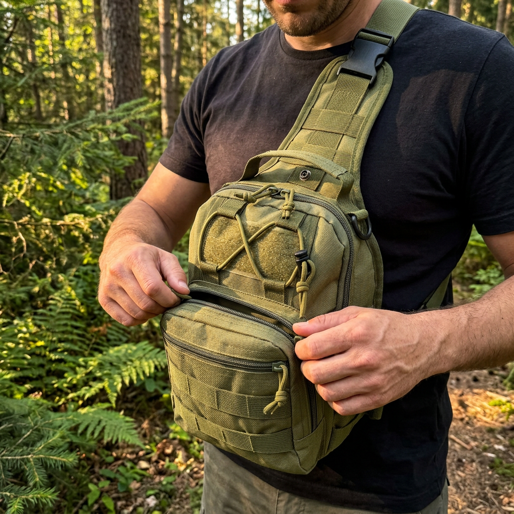 Man on a forest trail opening an army green one-strap sling chest pack