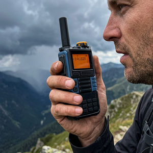 Hiker holding a blue and black two-way radio on a mountain ridge as a storm builds