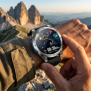Hiker checking the topo map screen on the RidgeTrack watch with silver bezel and black strap at golden hour