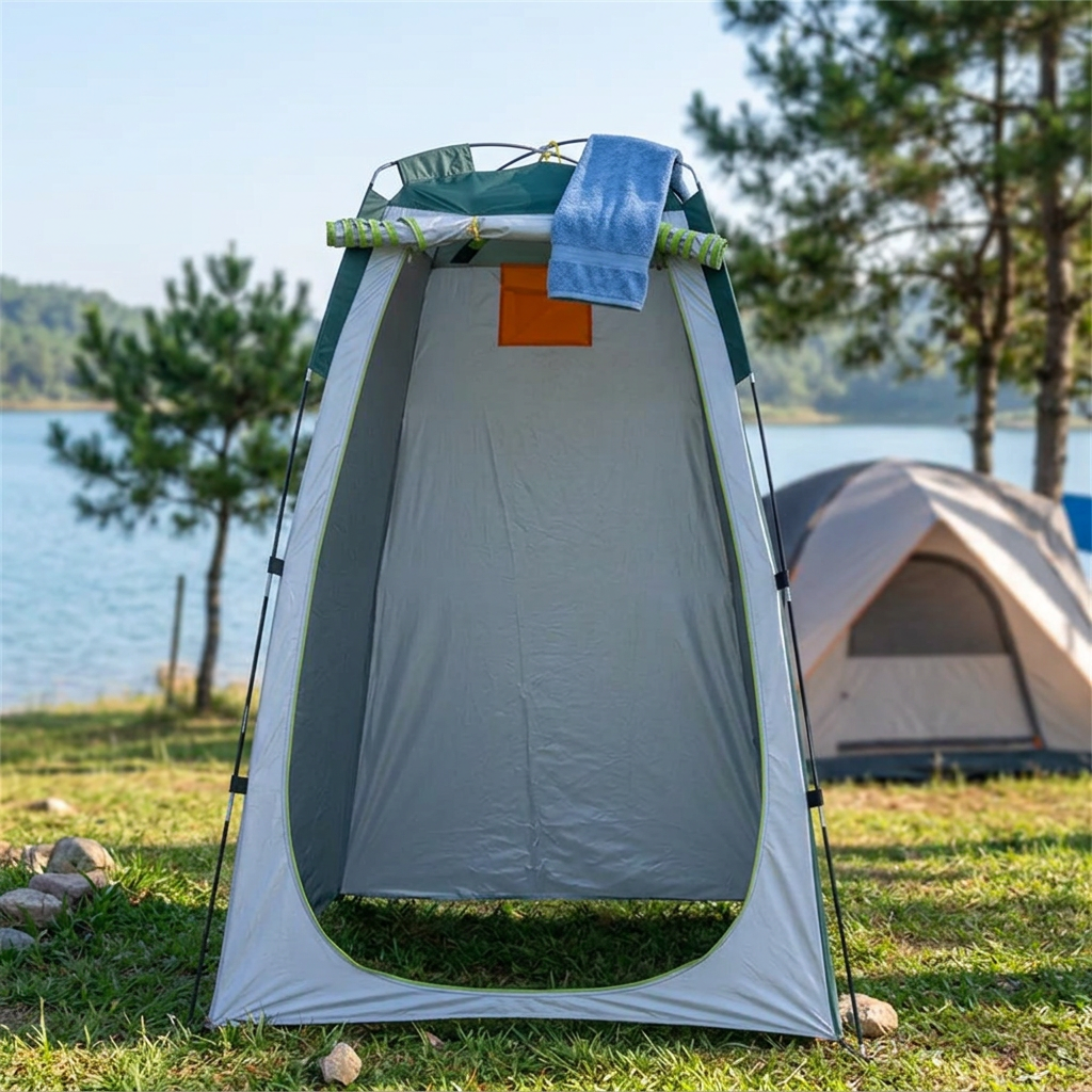 Green and gray HideAway privacy tent at a lakeside campsite with the door rolled up and a towel hanging on top