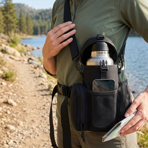 Black water bottle shoulder bag worn at the hip on a lakeside trail, bottle and phone in the pockets