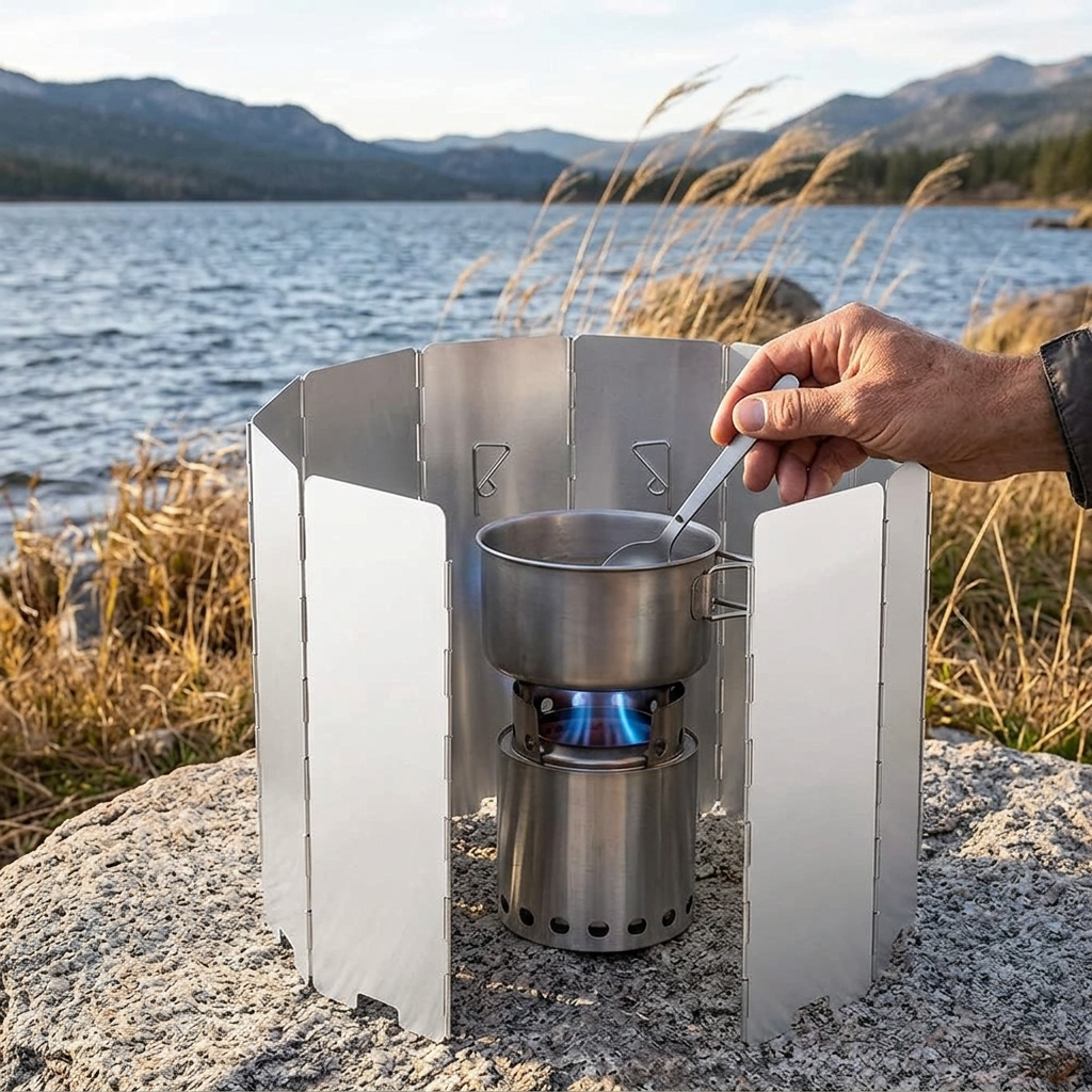 Silver WindWall folding windshield wrapped around a camp stove on a granite rock by a lake, a hand stirring the pot