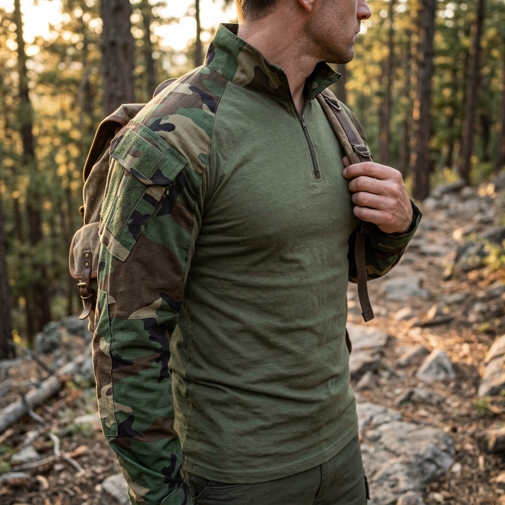 Hiker wearing the StealthWeave shirt in Woodland Camo: olive body, camo sleeves, quarter zip, sleeve pocket