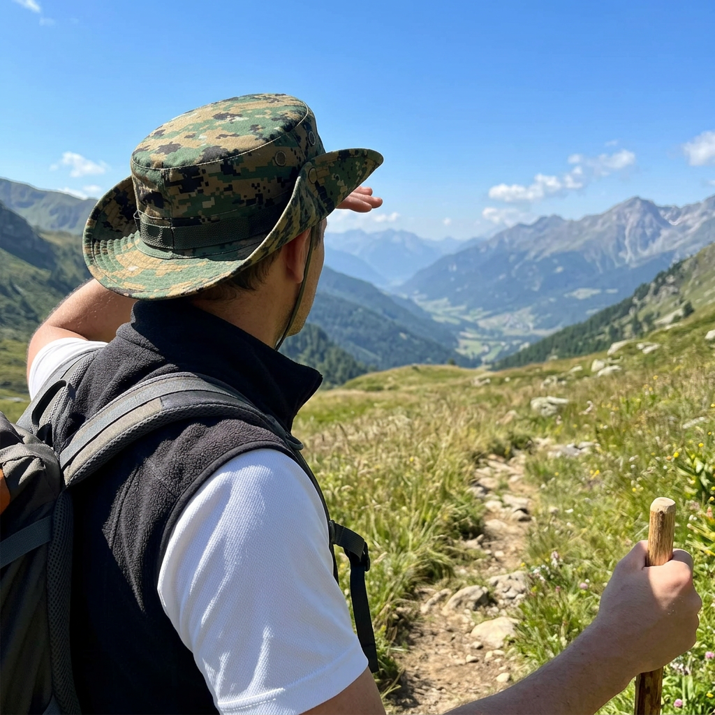 Hiker in a woodland camo wide brim boonie hat shading his eyes over a mountain valley