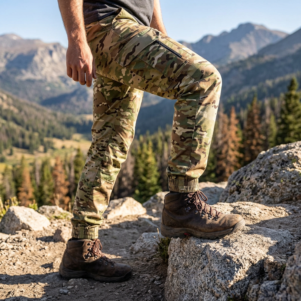 Hiker stepping up a granite ledge in RidgeLine camo cargo joggers with cargo pocket and cuffed ankles, pine valley behind