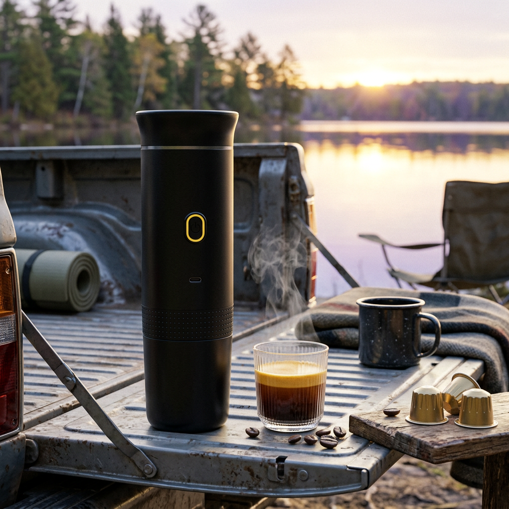 Black portable espresso maker on a truck tailgate at a lake at sunrise with a fresh espresso shot