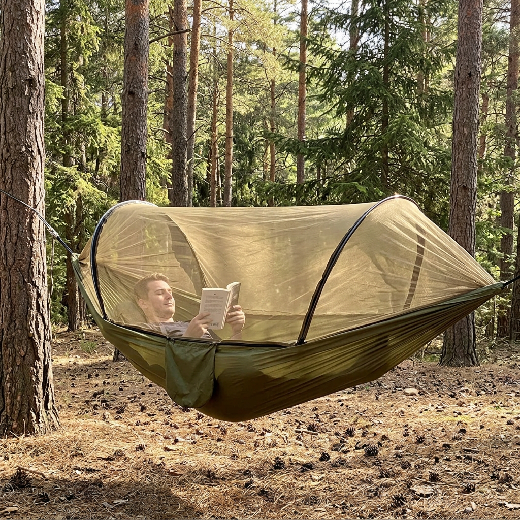 Person reading inside a green hammock with a zipped mosquito net between pine trees