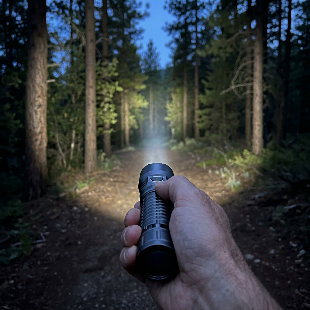 Hand holding a dark gray flashlight pointed down a forest trail at dusk, beam lighting the path ahead