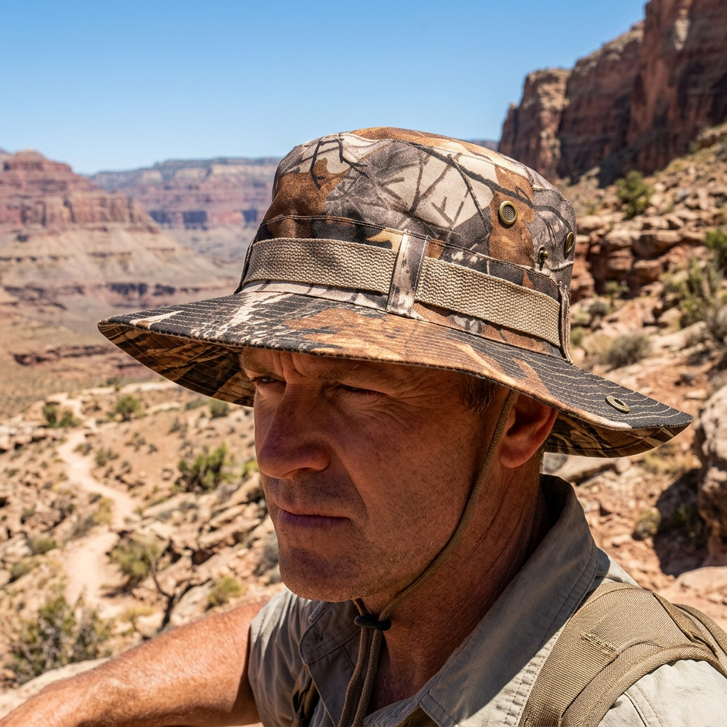 Hiker wearing the brown branch camo TactShield wide brim sun hat on a sunny desert canyon trail