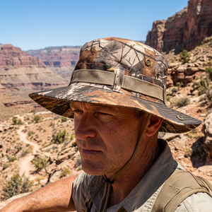Hiker wearing the brown branch camo TactShield wide brim sun hat on a sunny desert canyon trail