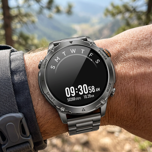 NatureTactic BeaconMax smartwatch on a man's wrist, variant row 36