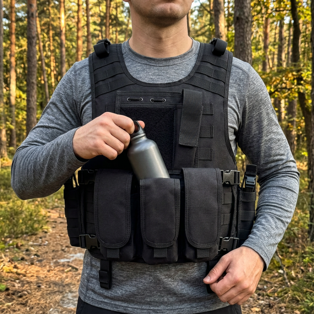 Man on a forest trail wearing a black MOLLE tactical vest, putting a water bottle in a front pouch