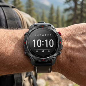 SummitNav GPS smartwatch with a black leather band with white stitching on a wrist near a mountain trail
