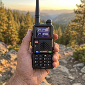 Hand holding the black SkyCopy two-way radio on a rocky mountain trail at sunset