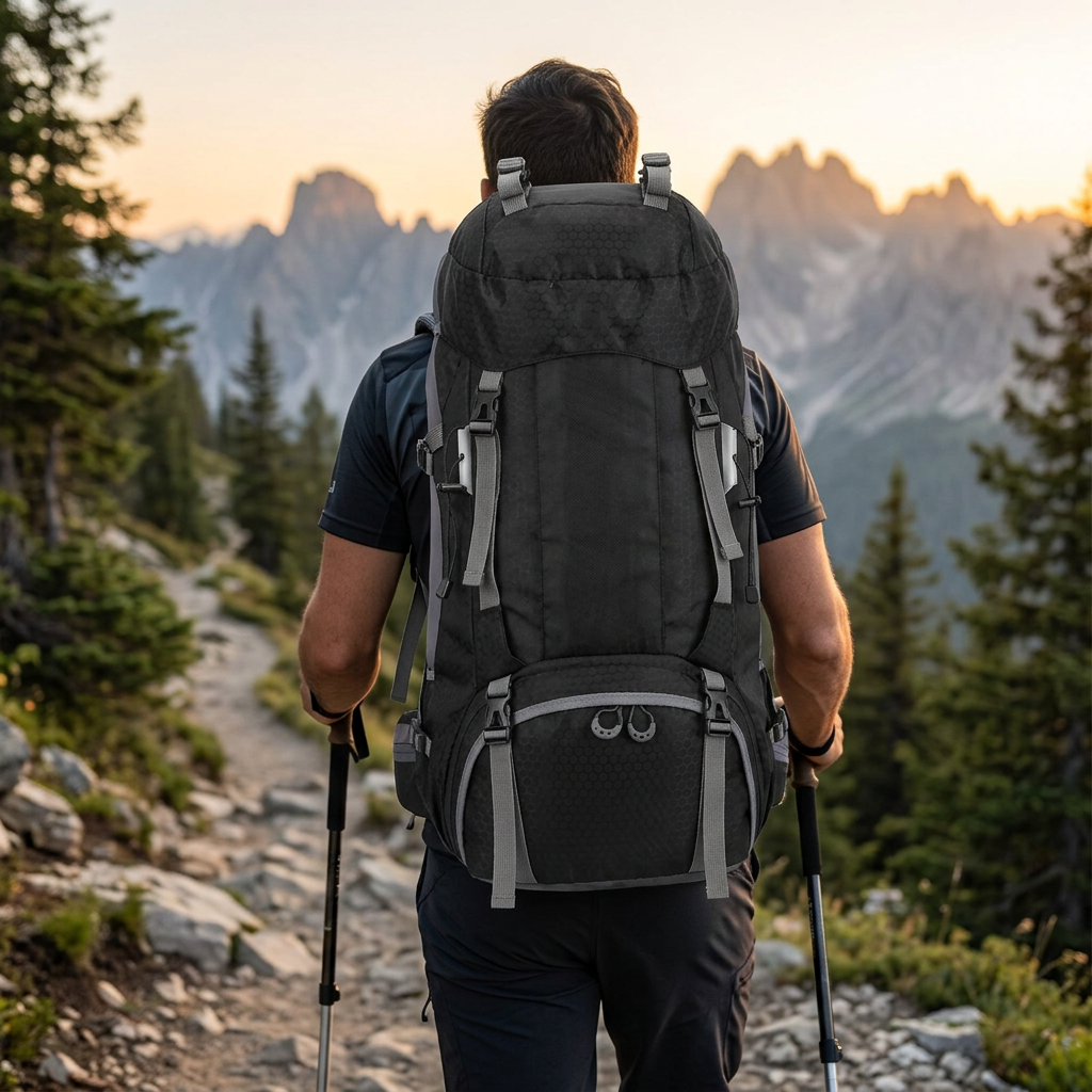 Hiker with trekking poles carrying a black 60 liter backpack up a mountain trail at sunrise