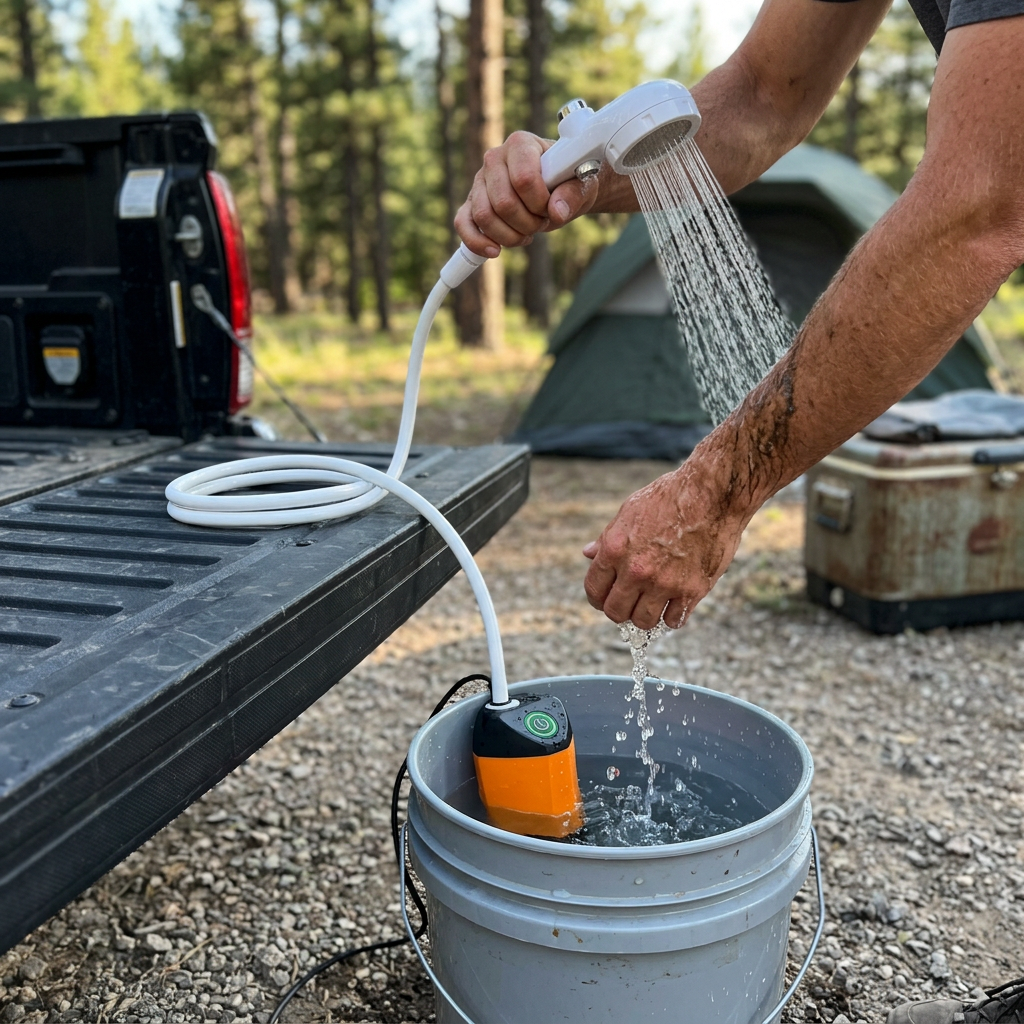 TrailRinse shower pump in a bucket of water; a man rinses mud off his arm with the hand shower by a truck