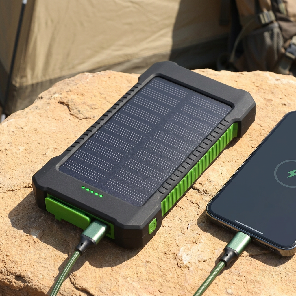 Solar power bank with green trim charging a phone on a rock at a campsite