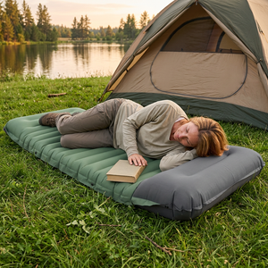 Woman resting on the thick green DeepLoft sleeping pad with gray pillow beside a tent at a lakeside camp
