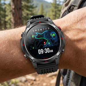 SummitNav GPS smartwatch with a black silicone band showing a trail map on a wrist near a mountain trail