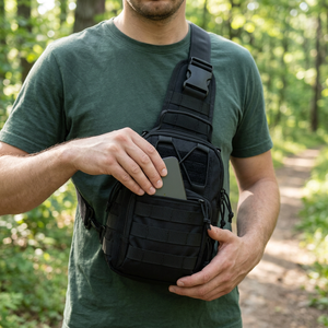 Man on a forest trail reaching into a black one-strap sling chest pack for his phone