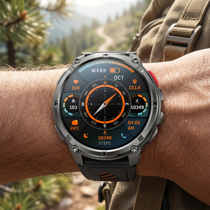 TrailCore smartwatch with black and orange band on a hiker's wrist, compass dial on screen
