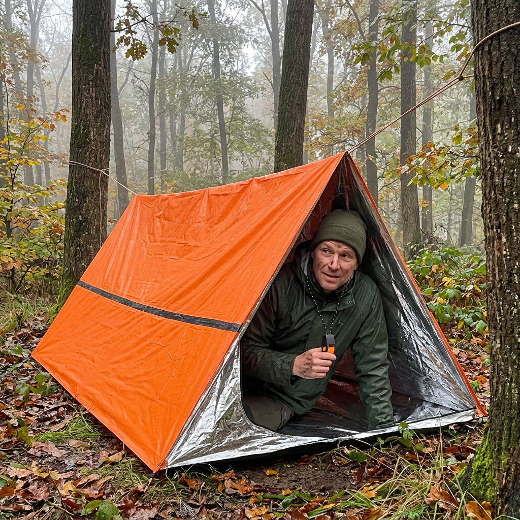 Hiker resting inside the orange RapidRescue emergency tube tent in a misty forest
