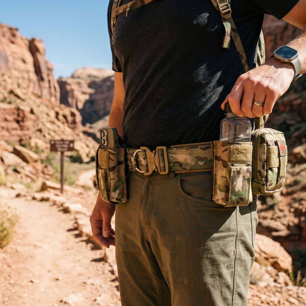 Hiker wearing the CP camo TrailLoad outdoor belt with pouches, pulling a water bottle on a canyon trail