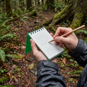 Green all-weather notepad being written on in the rain on a forest trail